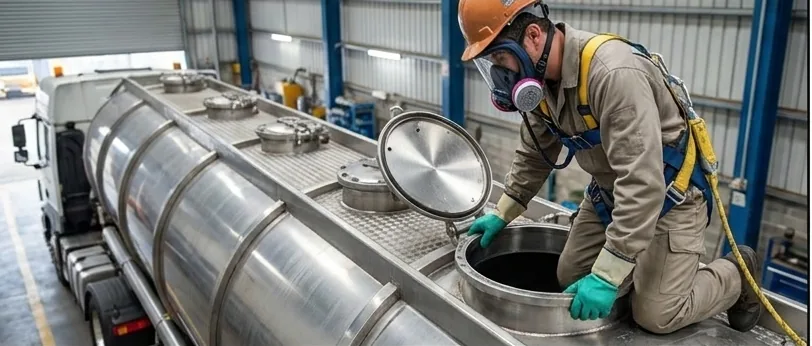 Imagen ilustrativa de un técnico con respirador ingresando por la boca de visita de un tanque